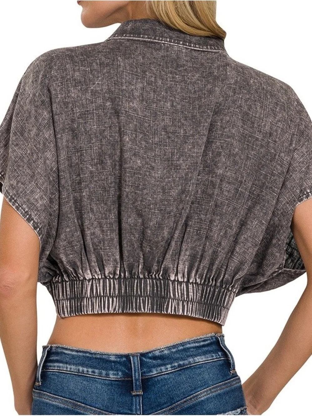 Washed Charcoal Cropped V-Neck Top - Women - Picture 2 of 3